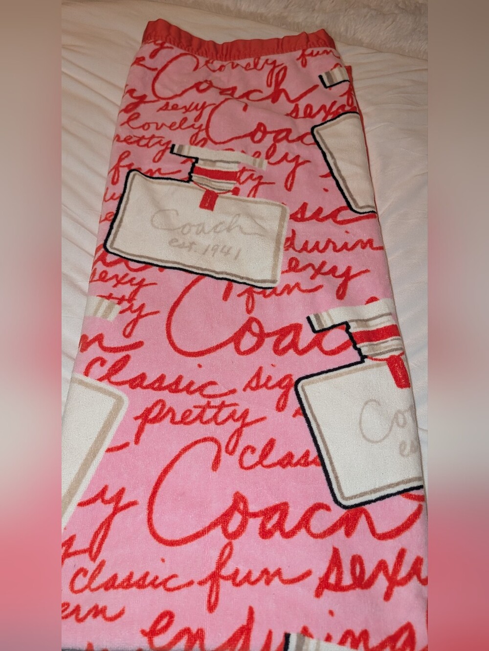 Coach Perfume Bottle Print Beach Towel 64" X 39" Pink Red VGUC